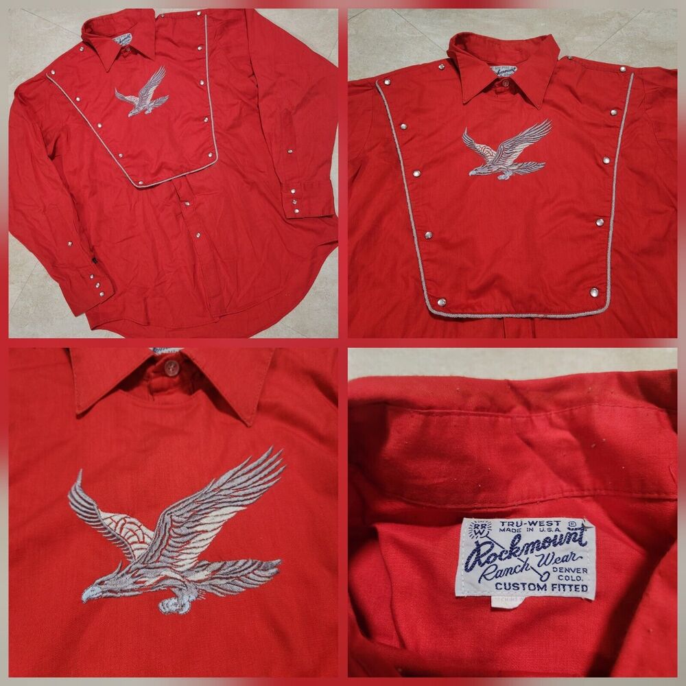 VTG Rockmount Ranch Wear Mens M Medium?‎ Red Pearl Snap Eagle Western Shirt USA